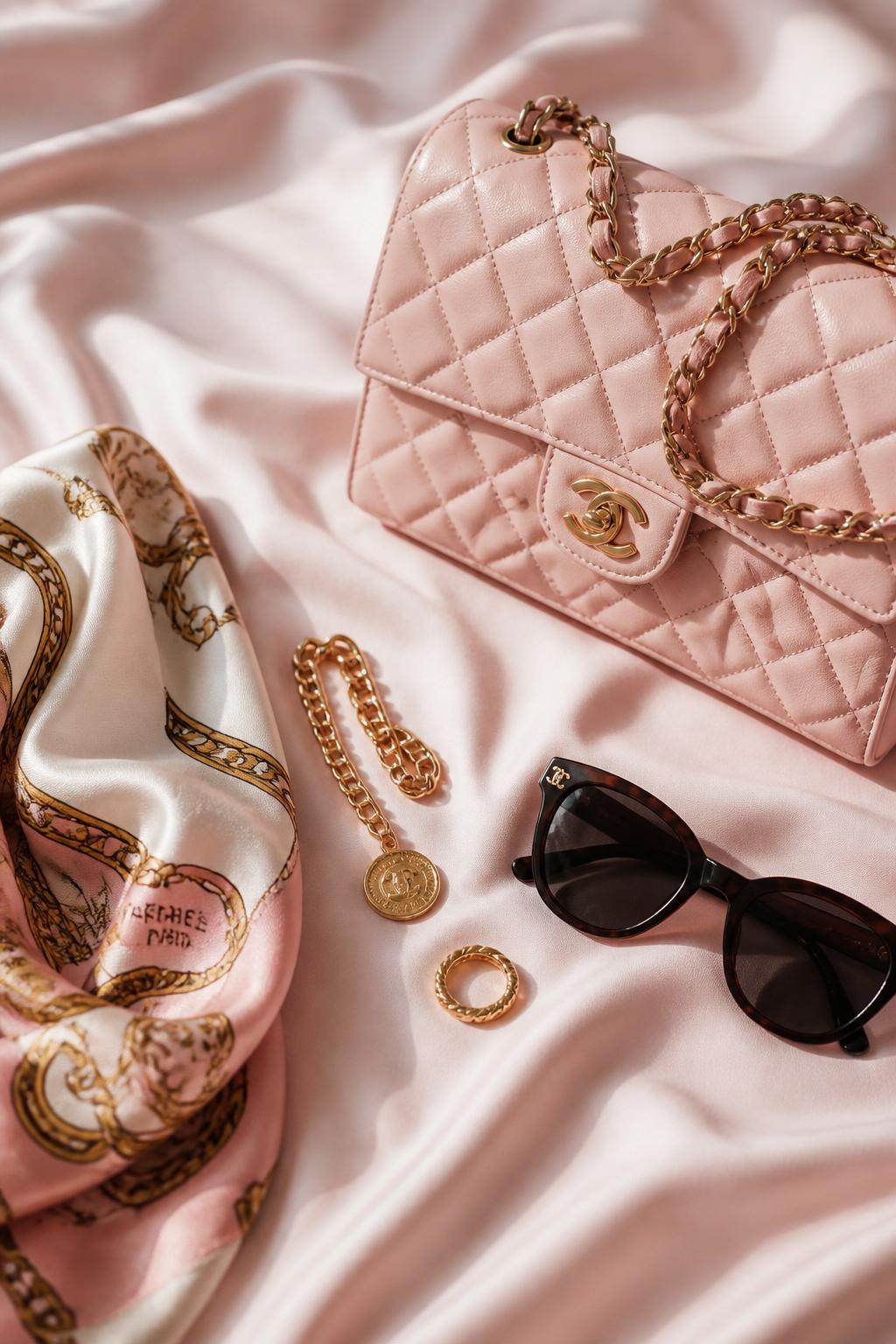 Curated pre-owned luxury accessories on blush silk